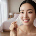Asian woman with visibly bright luminous glass-like skin after removing I'm From Rice Sheet Mask, gently patting remaining essence into face, satisfied glowing expression, K-beauty after mask result

