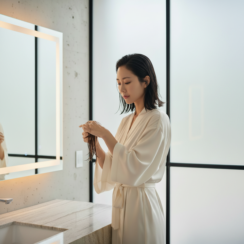 Asian woman applying COSRX Peptide-132 Hair Bonding Treatment to wet hair in modern concrete bathroom
