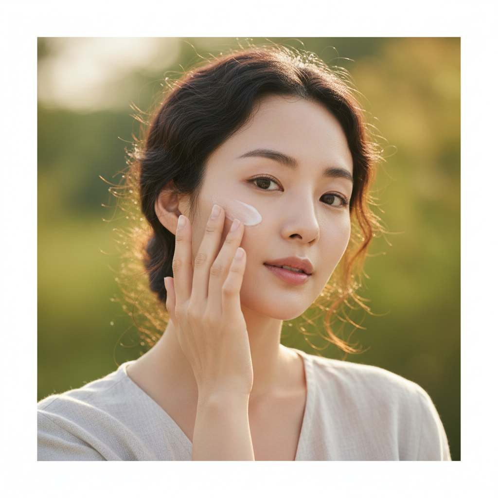 Asian woman applying Beauty of Joseon Relief Sun SPF50+ sunscreen outdoors in golden sunlight, BEFORE skincare routine
