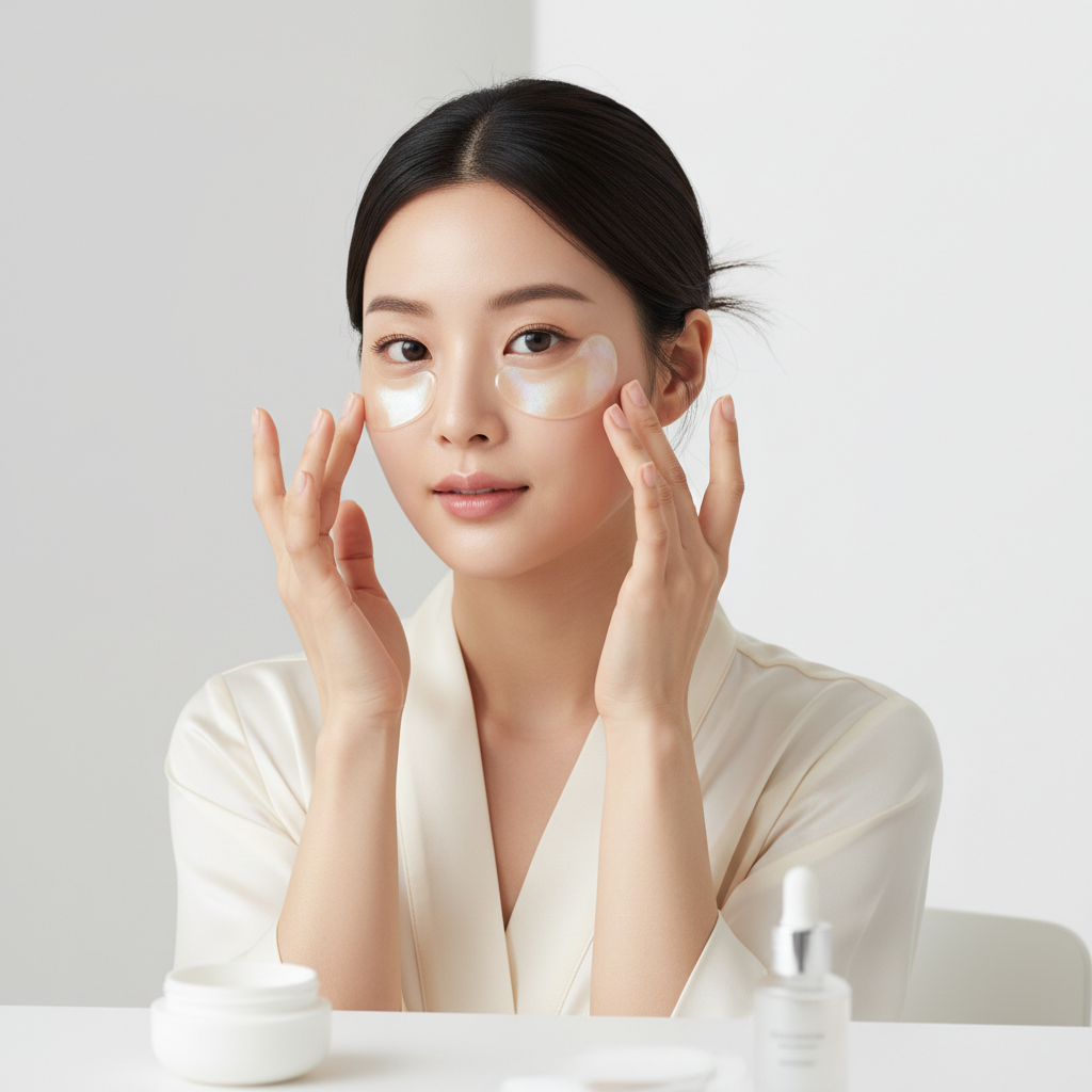 Asian woman applying Beauty of Joseon Revive Under Eye Patch hydrogel ginseng retinal eye patches K-beauty
