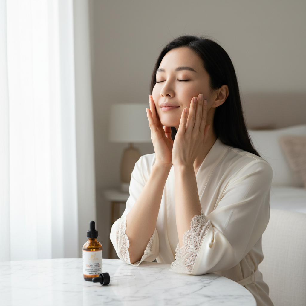 Asian woman pressing both palms onto face in K-beauty hand press technique, Vitamin C serum bottle open on marble vanity table, luminous bright skin
