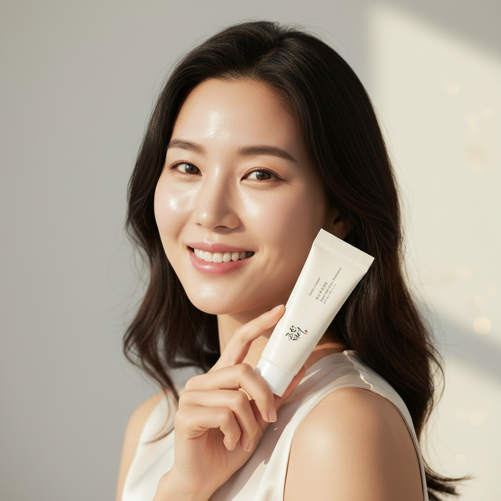 Asian woman holding Beauty of Joseon Relief Sun Rice + Probiotics SPF50+ PA++++ 10ml sunscreen tube, smiling with clear skin
