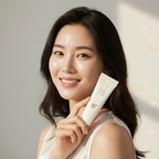 Asian woman holding Beauty of Joseon Relief Sun Rice + Probiotics SPF50+ PA++++ 10ml sunscreen tube, smiling with clear skin
