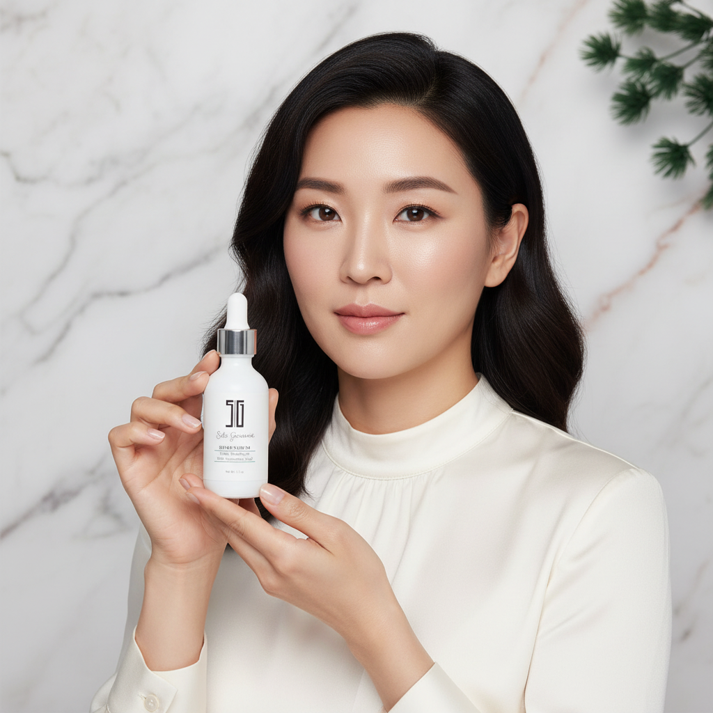 Asian woman holding SG Hemp Serum dropper bottle with both hands, Korean beauty skincare aesthetic — Glow Ritual

