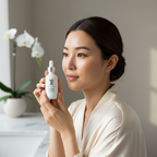 Sophisticated Asian woman presenting SG Hemp Serum bottle elegantly, luxury skincare — Glow Ritual
