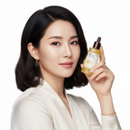 Asian woman holding SKINFOOD Yuja C Dark Spot Clear Serum 50ml — Korean Vitamin C brightening serum
