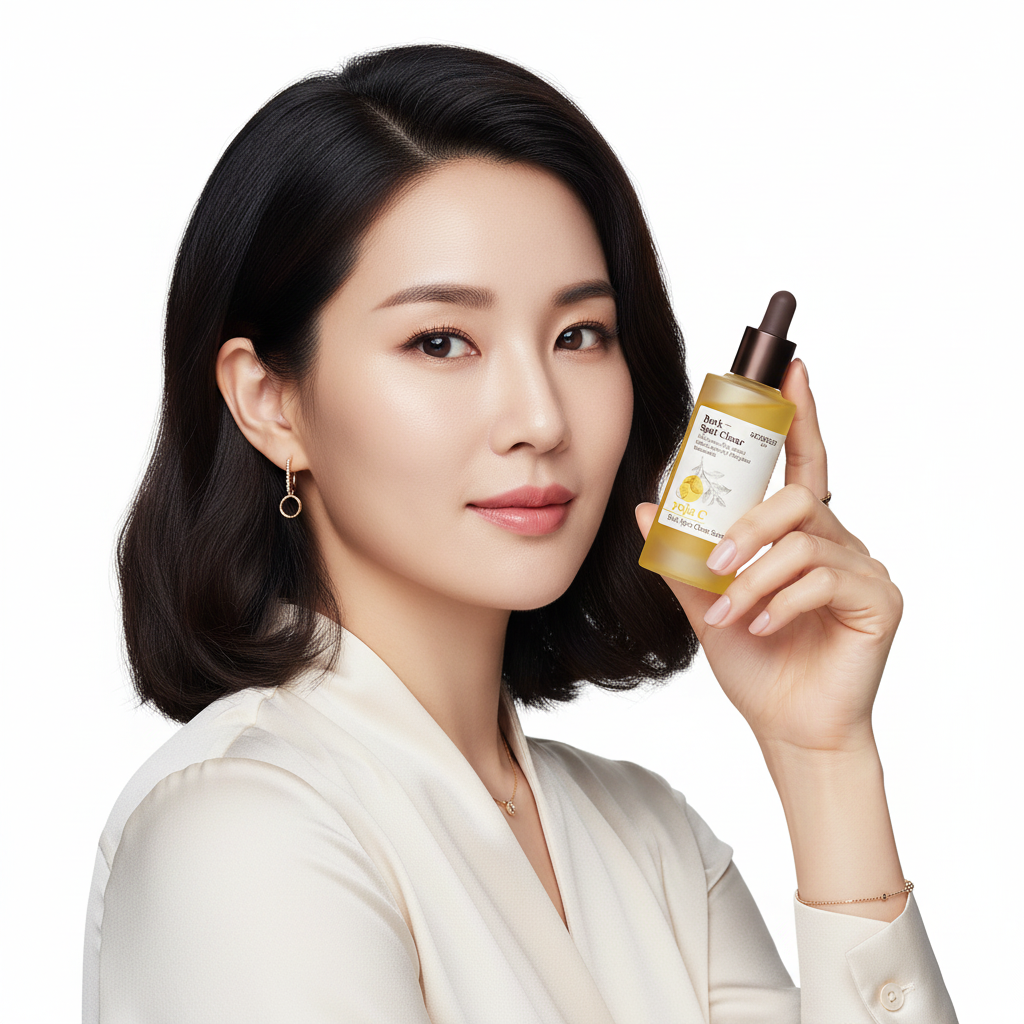 Asian woman holding SKINFOOD Yuja C Dark Spot Clear Serum 50ml — Korean Vitamin C brightening serum
