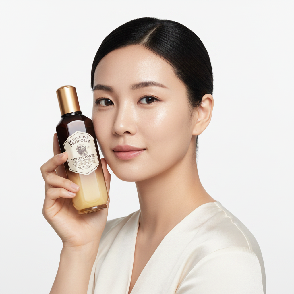 Asian woman holding SKINFOOD Royal Honey Propolis Enrich Toner — Korean skincare nourishing ritual
