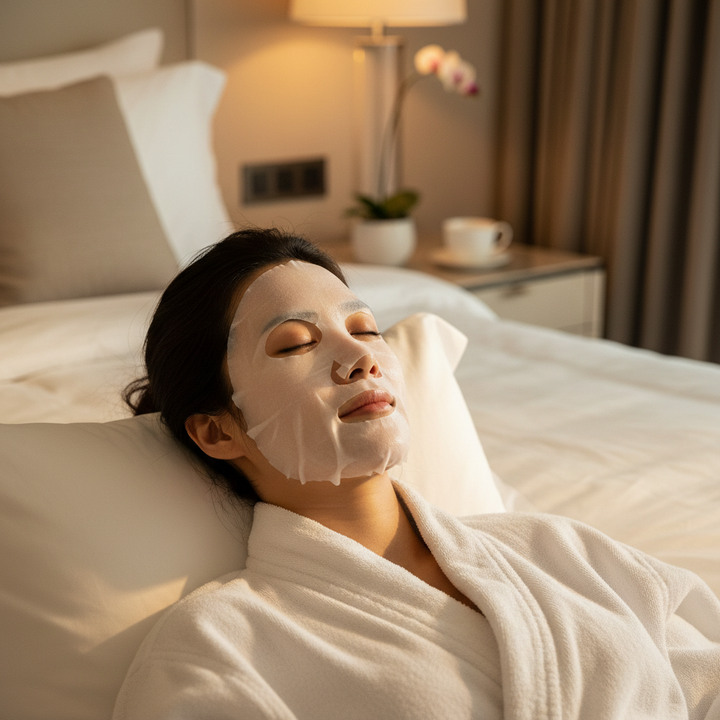 Asian woman lying down relaxing with white sheet mask applied to face, eyes closed peacefully in K-beauty self-care ritual, wearing white robe, soft warm ambient lighting, I'm From Rice Sheet Mask
