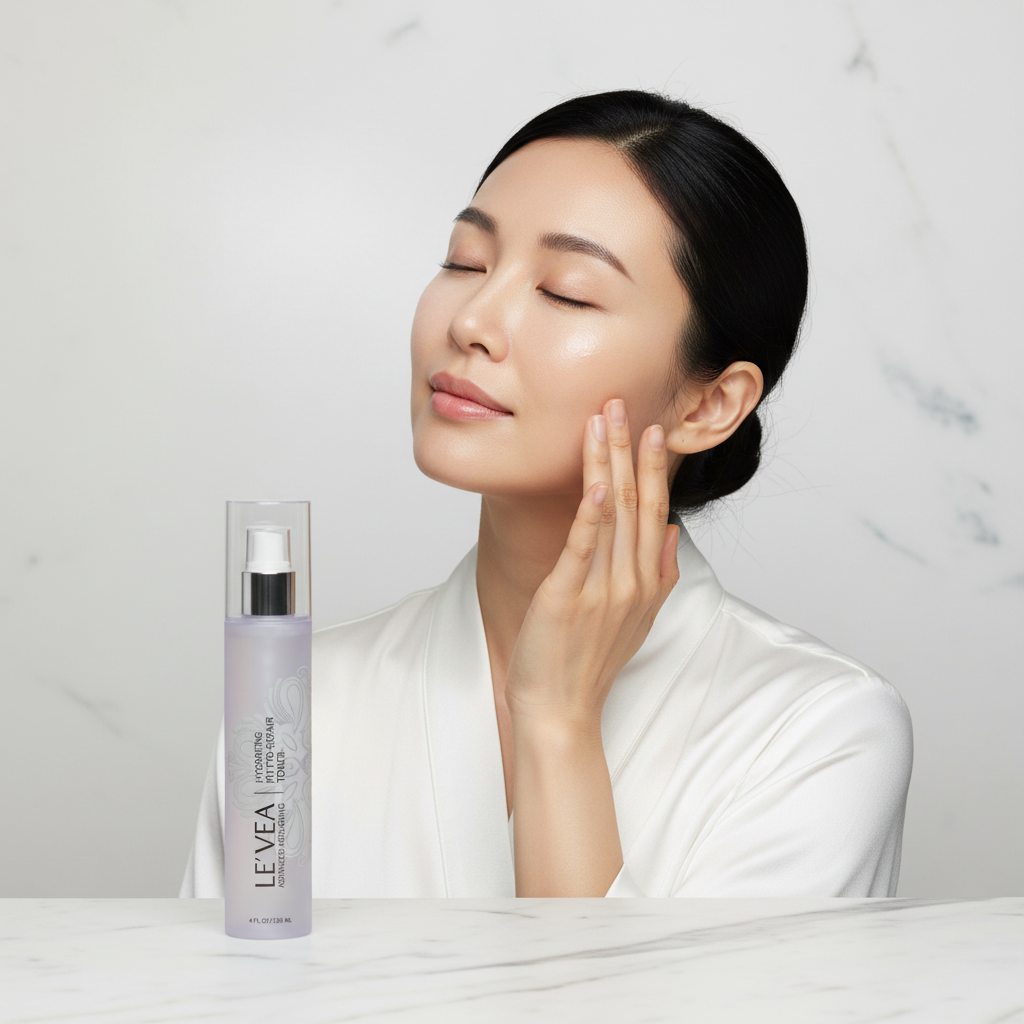 Asian woman gently patting LE'VEA Phyto-Repair Toner onto cheek, Korean skincare routine — Glow Ritual
