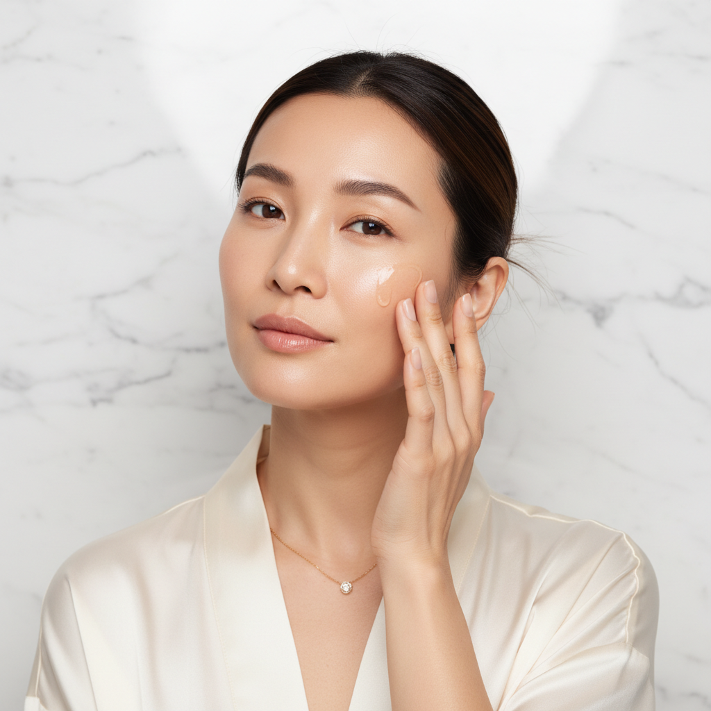 Asian woman gently applying SG Hemp Serum onto cheek, premium skincare routine — Glow Ritual
