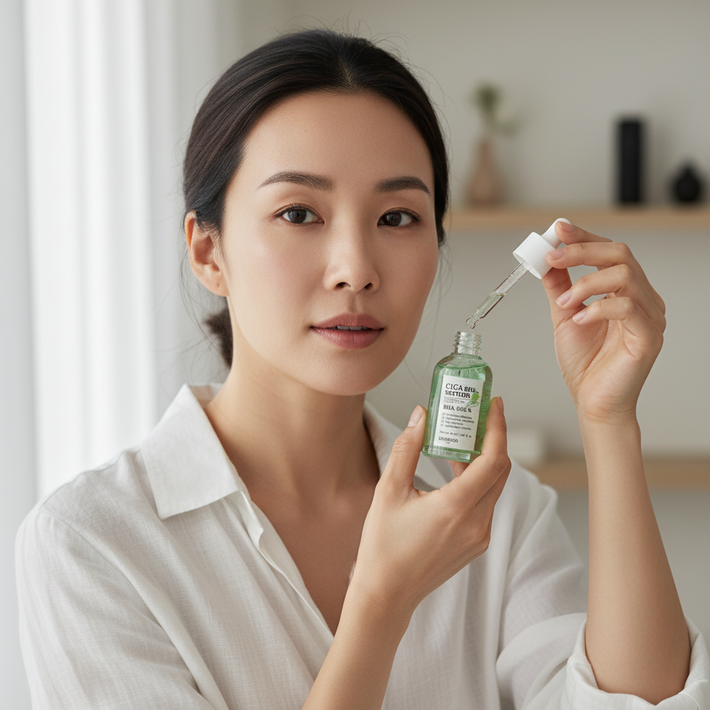Asian woman with smooth clear skin applying SKINFOOD Shine Muscat Cica BHA Serum, K-beauty morning skincare routine
