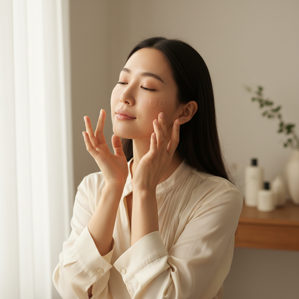 Asian woman with firm glowing skin applying SKINFOOD Banana PDRN Booster Serum, K-beauty morning skincare routine lifestyle
