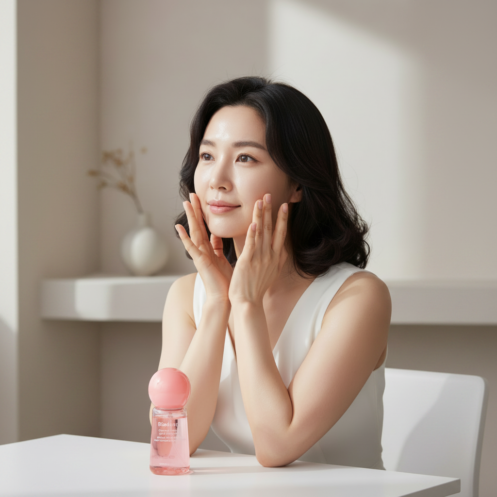 Asian woman patting Biodance Collagen Peptide Jelly Serum Mist into skin, dewy bouncy complexion, bottle on table

