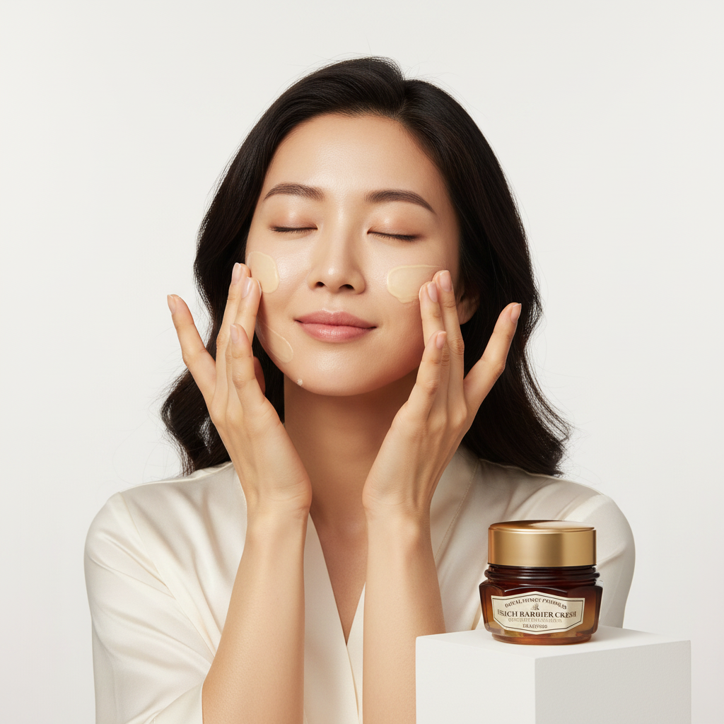 Asian woman patting SKINFOOD Royal Honey Propolis Barrier Cream for radiant skin
