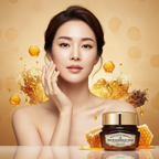 Asian woman with plump nourished skin and SKINFOOD Royal Honey Propolis Barrier Cream
