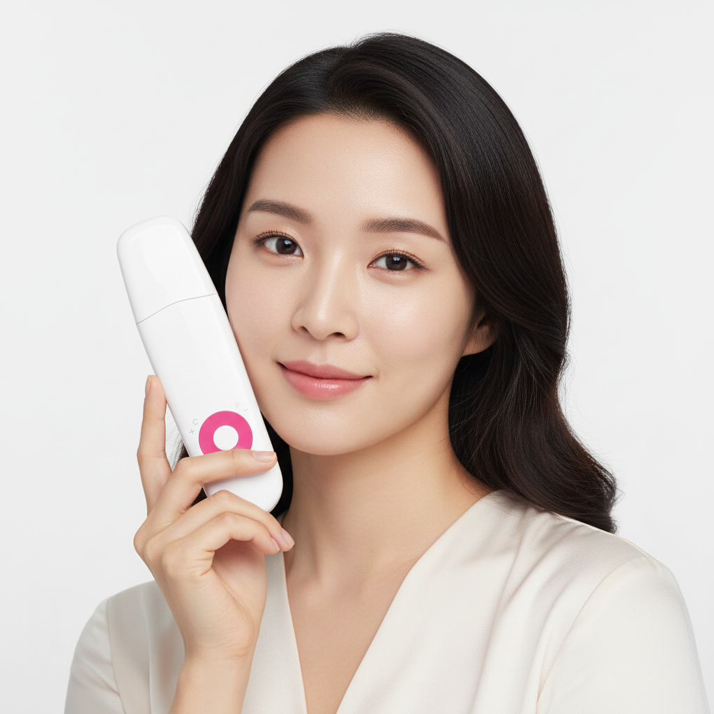 Elegant East Asian woman holding a white ultrasonic skin scrubber with dust cap on, hot pink circular button, K-beauty editorial style
