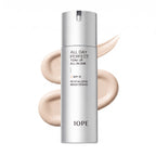 IOPE Men All Day Perfect Tone Up All-in-One 120ml — silver pump bottle with cream swatch on white background, SPF 15 revitalizing brightening formula
