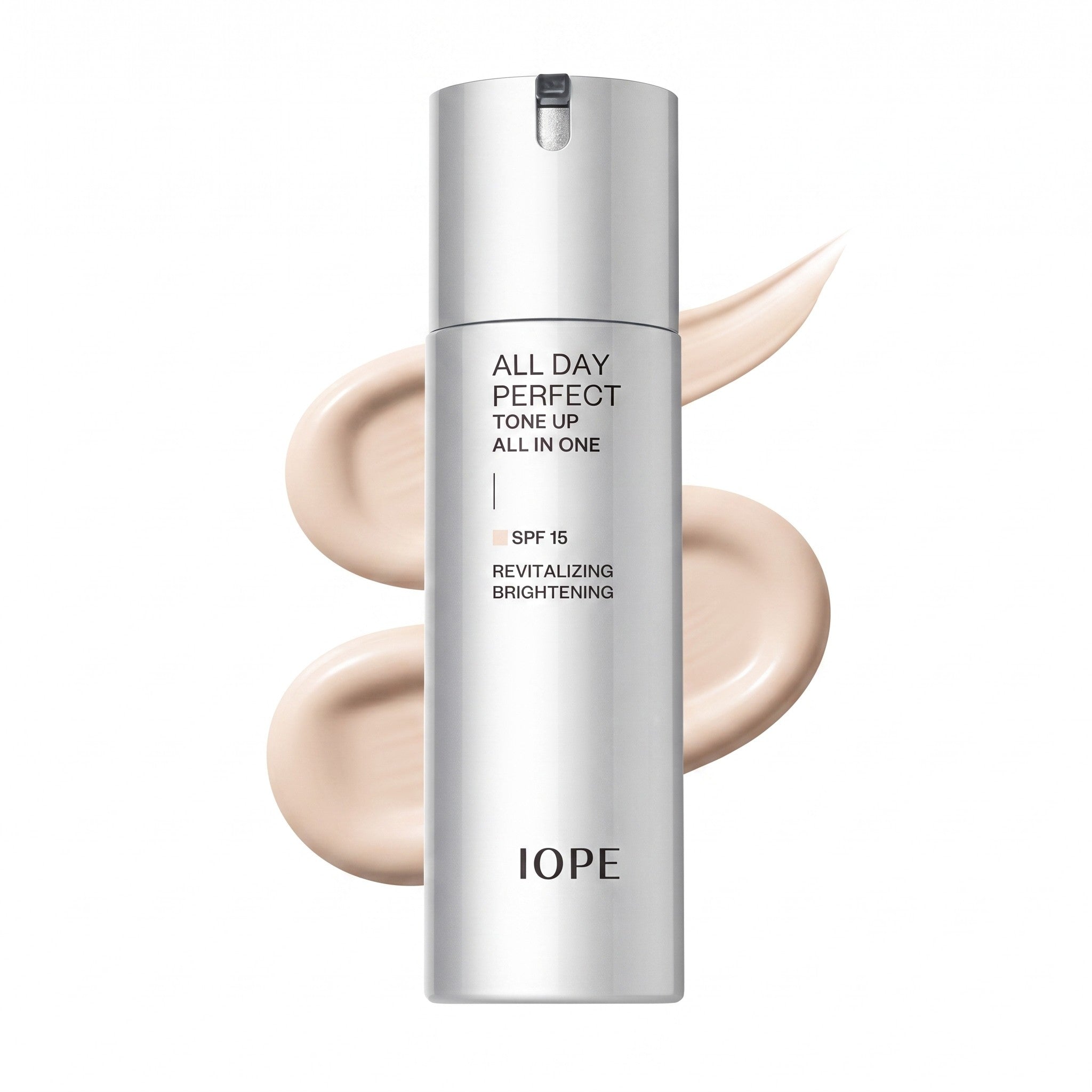 IOPE Men All Day Perfect Tone Up All-in-One 120ml — silver pump bottle with cream swatch on white background, SPF 15 revitalizing brightening formula
