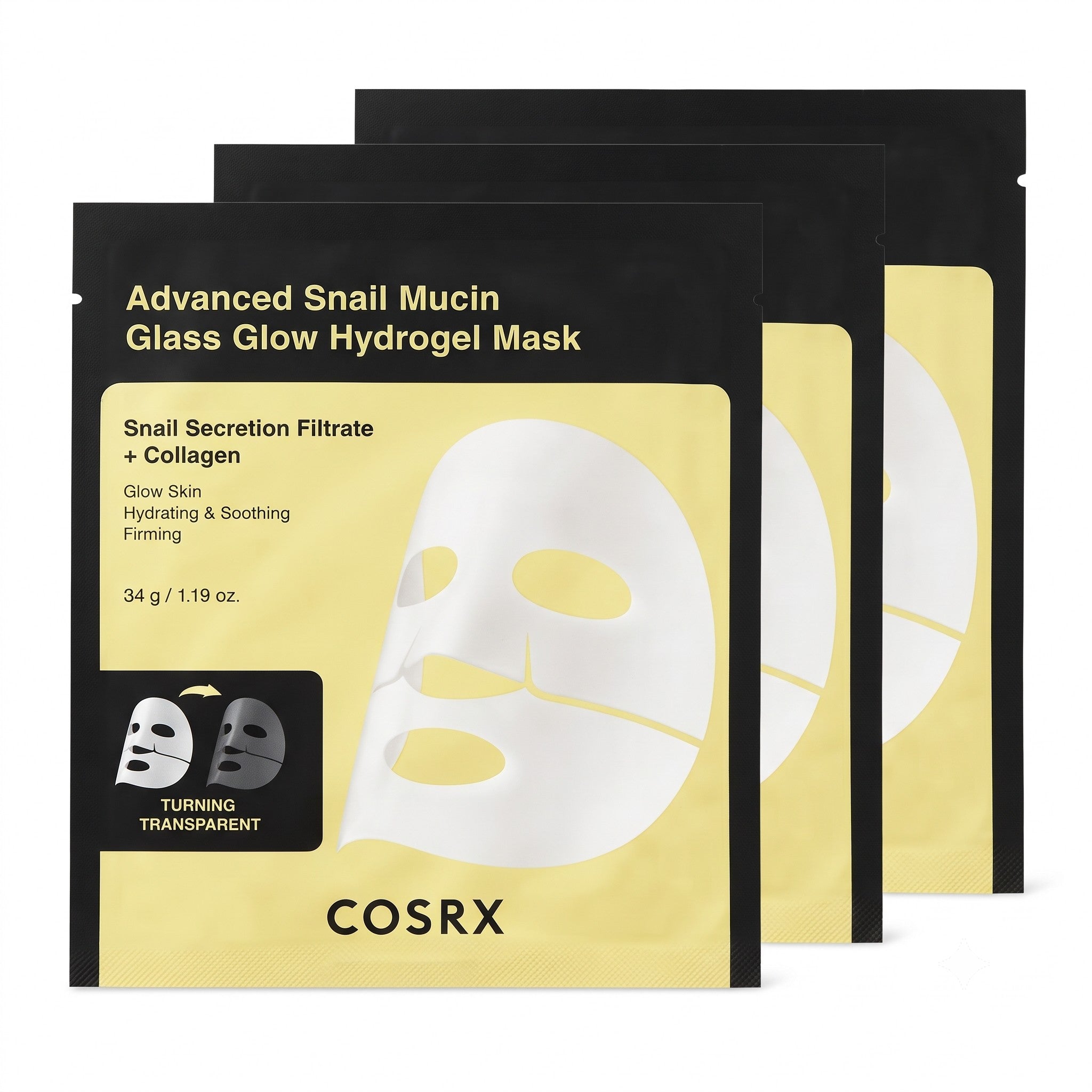 COSRX Advanced Snail Mucin Glass Glow Hydrogel Mask 3 Sheets – Translucent hydrogel sheet mask with snail mucin for glass skin and deep hydration
