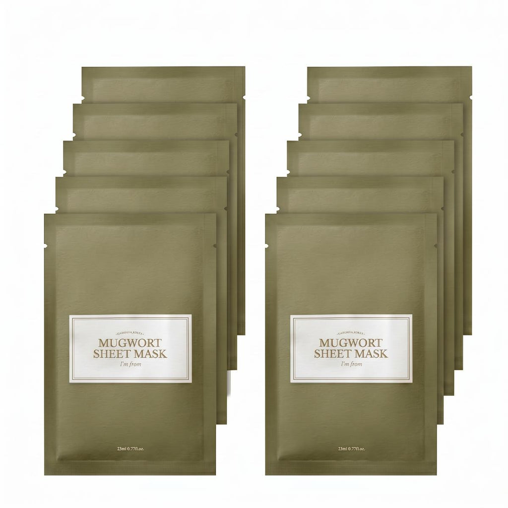 I'm From Mugwort Sheet Mask 10 Sheets olive green packaging, K-beauty soothing sheet mask — Glow Ritual
