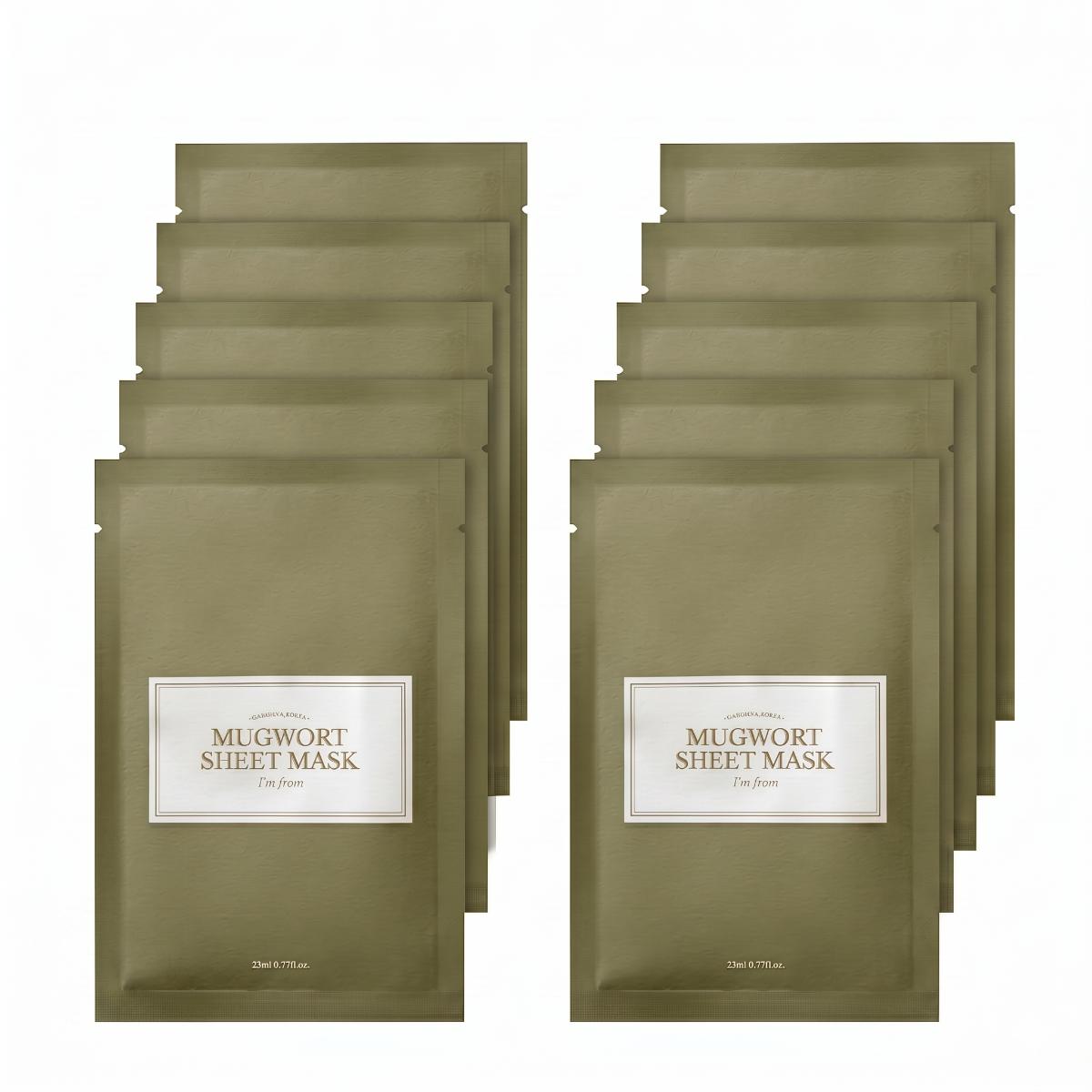 I'm From Mugwort Sheet Mask 10 Sheets olive green packaging, K-beauty soothing sheet mask — Glow Ritual

