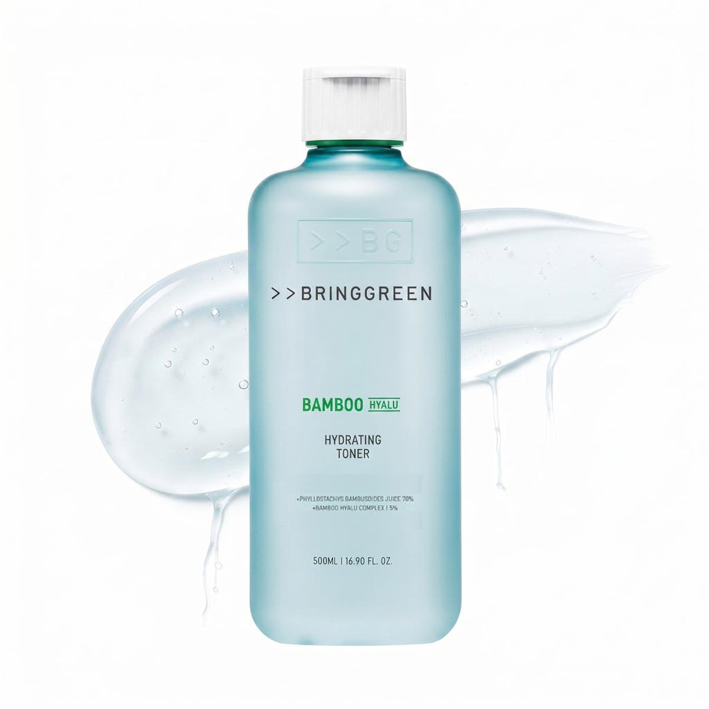 BRINGGREEN Bamboo Hyalu Hydrating Toner 500ml aqua blue bottle with gel texture on white background
