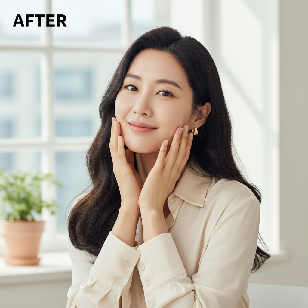 Beauty of Joseon Matte Sun Stick Mugwort + Camellia 18g – Korean model AFTER with visibly matte smooth flawless skin after mugwort camellia sun stick application

