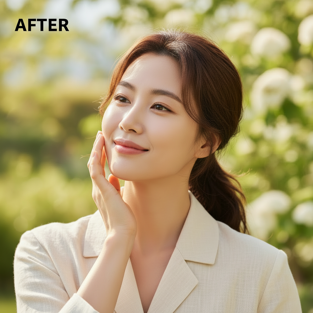 Beauty of Joseon Matte Sun Stick Mugwort + Camellia 18g – Korean model AFTER with radiant matte sun-protected skin outdoors after mugwort camellia sun stick routine
