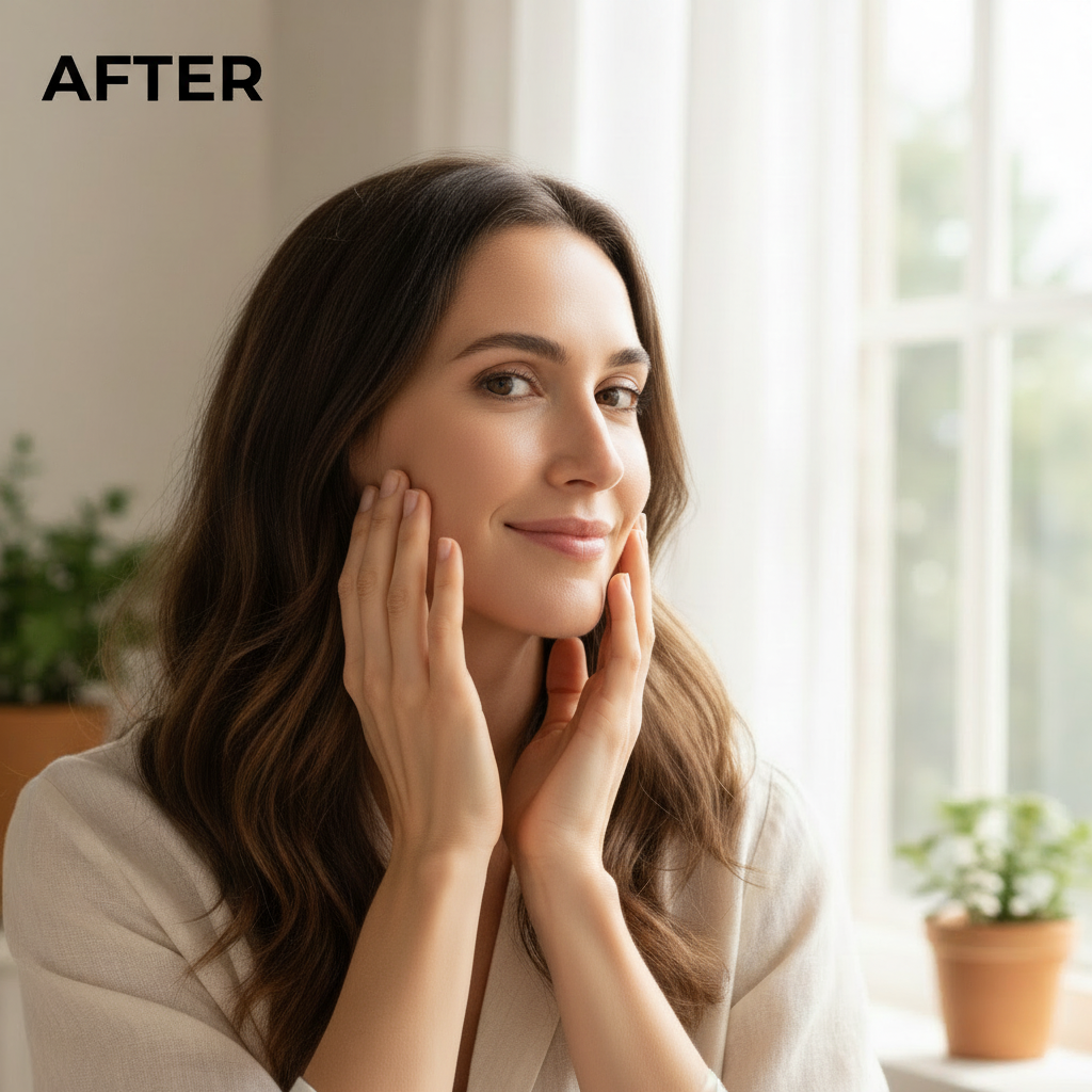 Beauty of Joseon Matte Sun Stick Mugwort + Camellia 18g – Western model AFTER with smooth matte even complexion after mugwort camellia sun stick application

