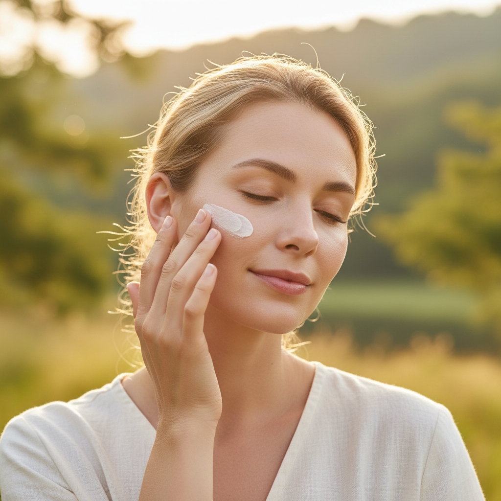 Western woman applying Beauty of Joseon Relief Sun SPF50+ sunscreen outdoors in natural sunlight, BEFORE skincare routine
