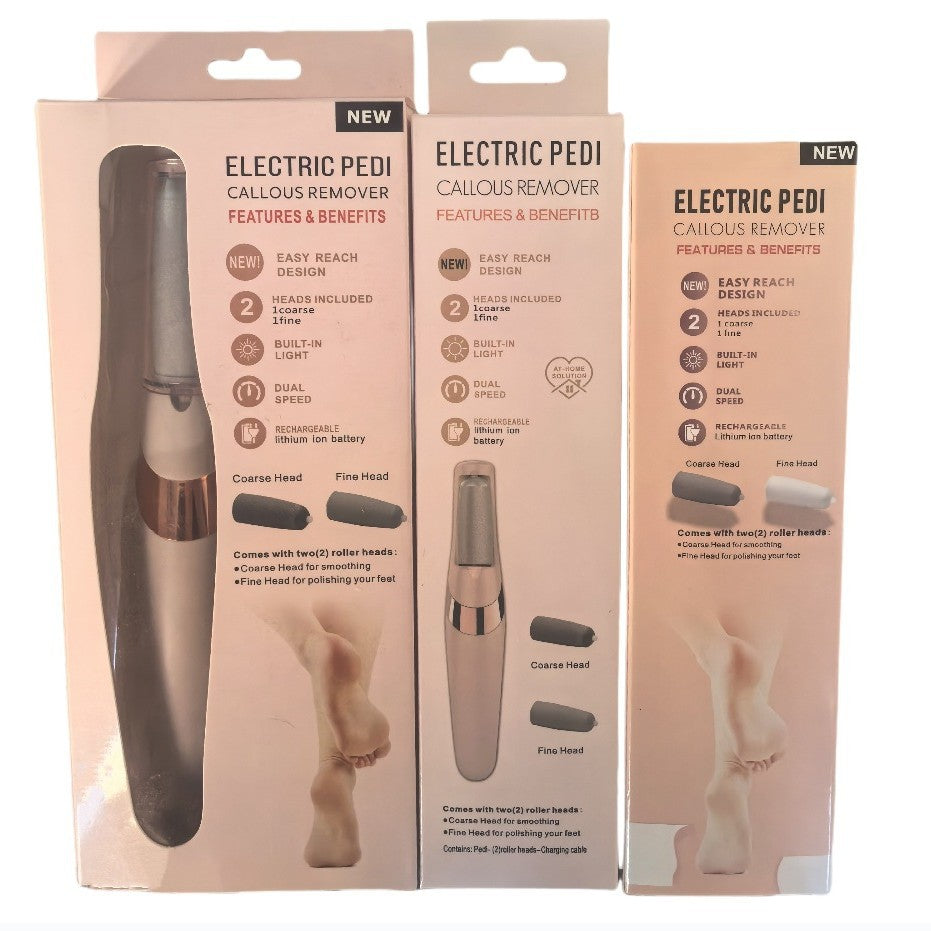 Electric Pedi callous remover packaging showing dual speed, built-in light and 2 roller heads

