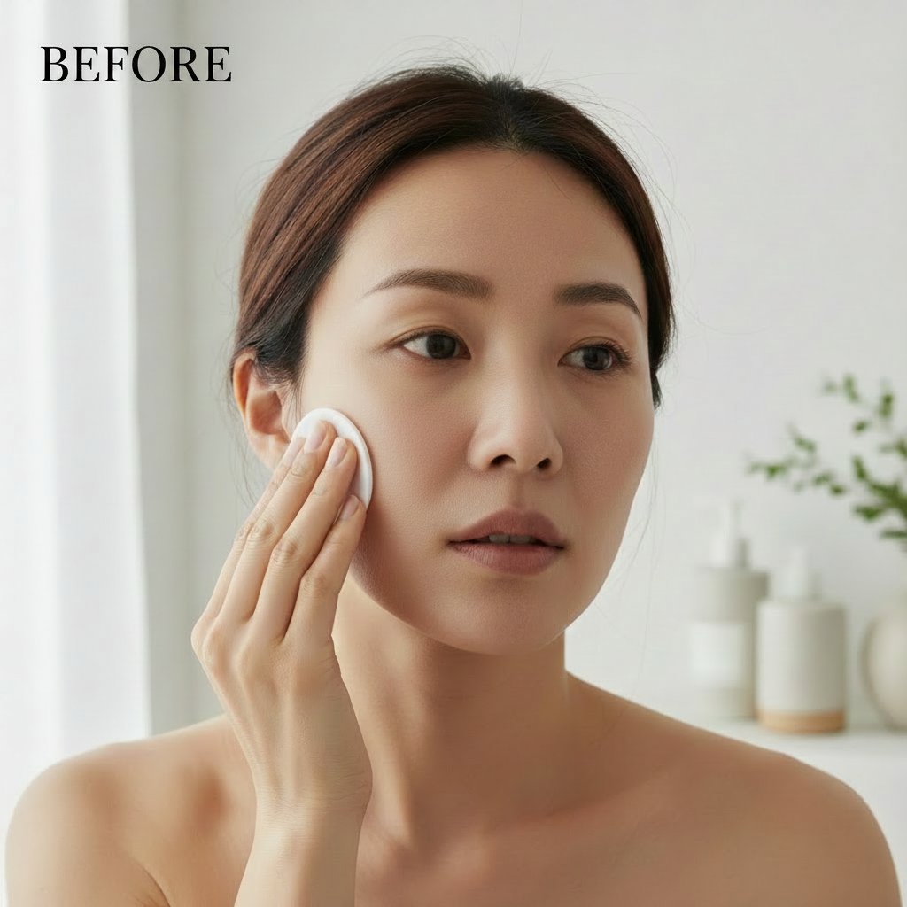 MEDICUBE Age-R Glutathione Glow Toner 140ml – Korean model BEFORE applying glutathione toner with cotton pad for brightening and even skin tone
