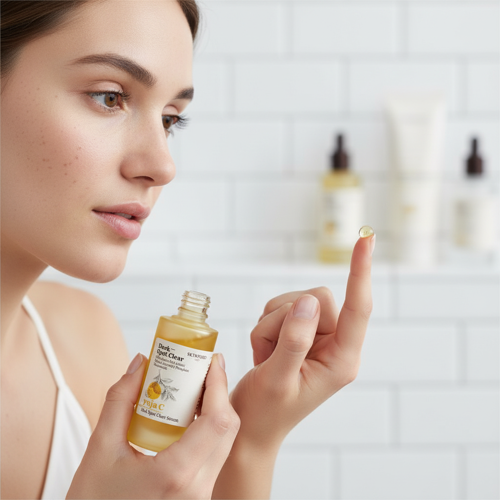 Before — applying SKINFOOD Yuja C serum drop onto skin for dark spot treatment
