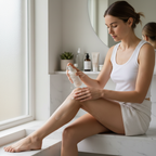 Before — applying Monaco Body Glow Serum pump onto skin for deep hydration and glow
