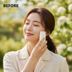 Beauty of Joseon Matte Sun Stick Mugwort + Camellia 18g – Korean model BEFORE applying matte sun stick outdoors among flowering trees for SPF sun protection
