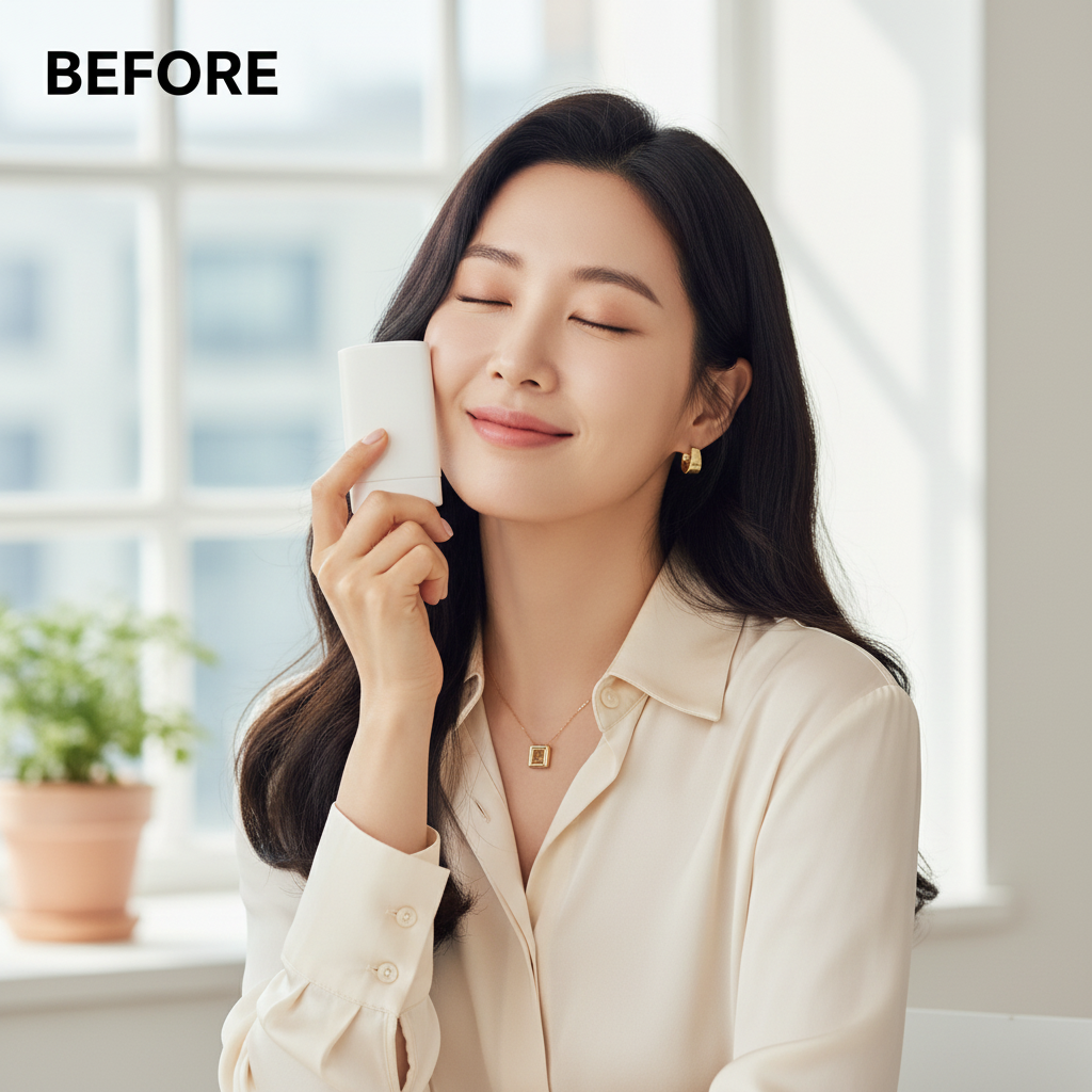Beauty of Joseon Matte Sun Stick Mugwort + Camellia 18g – Korean model BEFORE applying matte sun stick indoors by window for lightweight SPF protection
