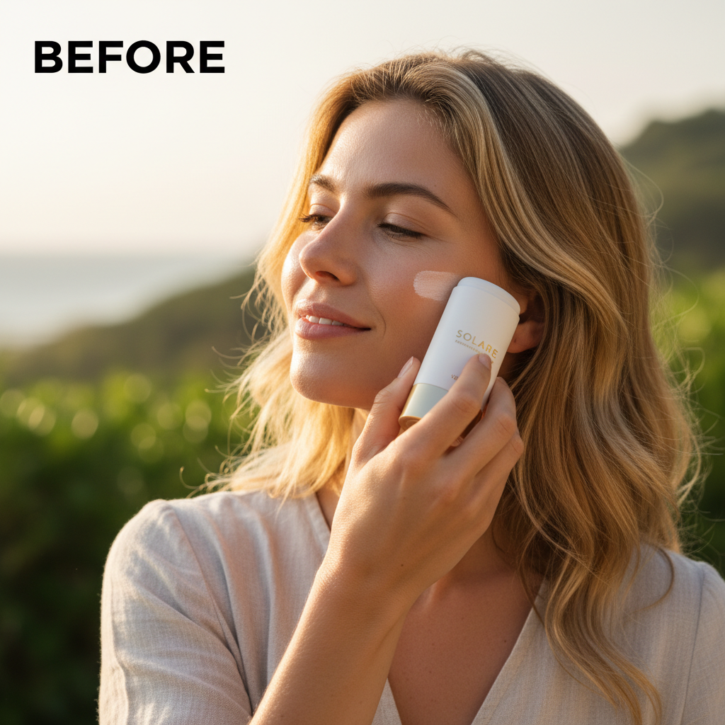 Beauty of Joseon Matte Sun Stick Mugwort + Camellia 18g – Western model BEFORE applying matte sun stick outdoors for broad-spectrum SPF protection and skin soothing
