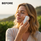 Beauty of Joseon Matte Sun Stick Mugwort + Camellia 18g – Western model BEFORE applying matte sun stick outdoors for broad-spectrum SPF protection and skin soothing
