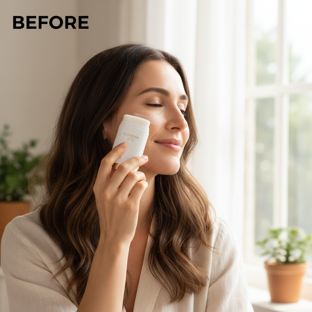 Beauty of Joseon Matte Sun Stick Mugwort + Camellia 18g – Western model BEFORE applying matte sun stick by window for lightweight non-greasy SPF protection
