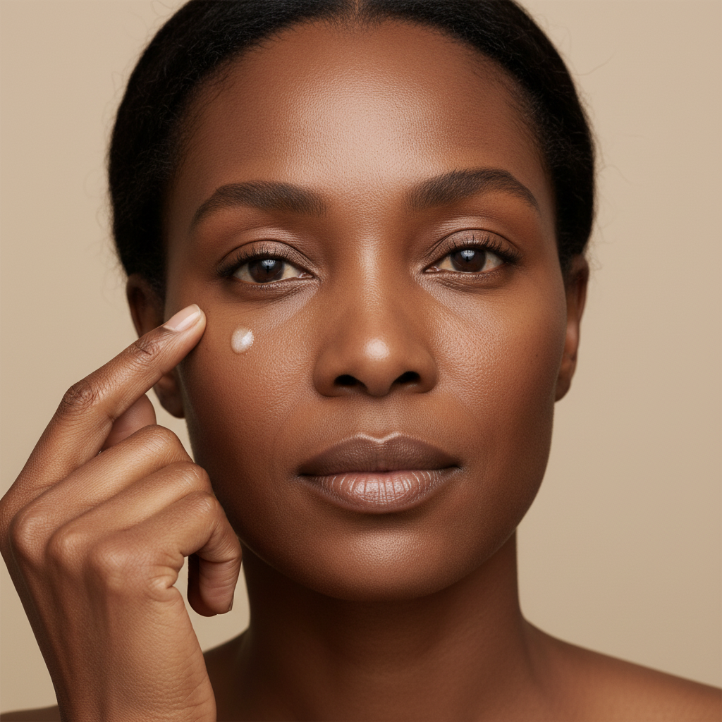 SKINFOOD Gold Caviar Serum Before – Black model applying serum on skin with fine lines and loss of firmness
