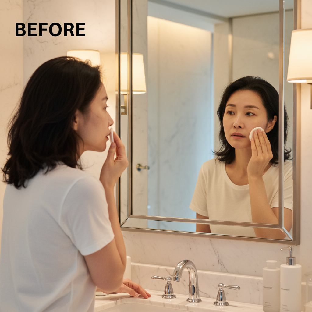 MEDICUBE Age-R Glutathione Glow Toner 140ml – Korean model BEFORE applying toner with cotton pad at bathroom mirror for skin brightening and dark circle reduction
