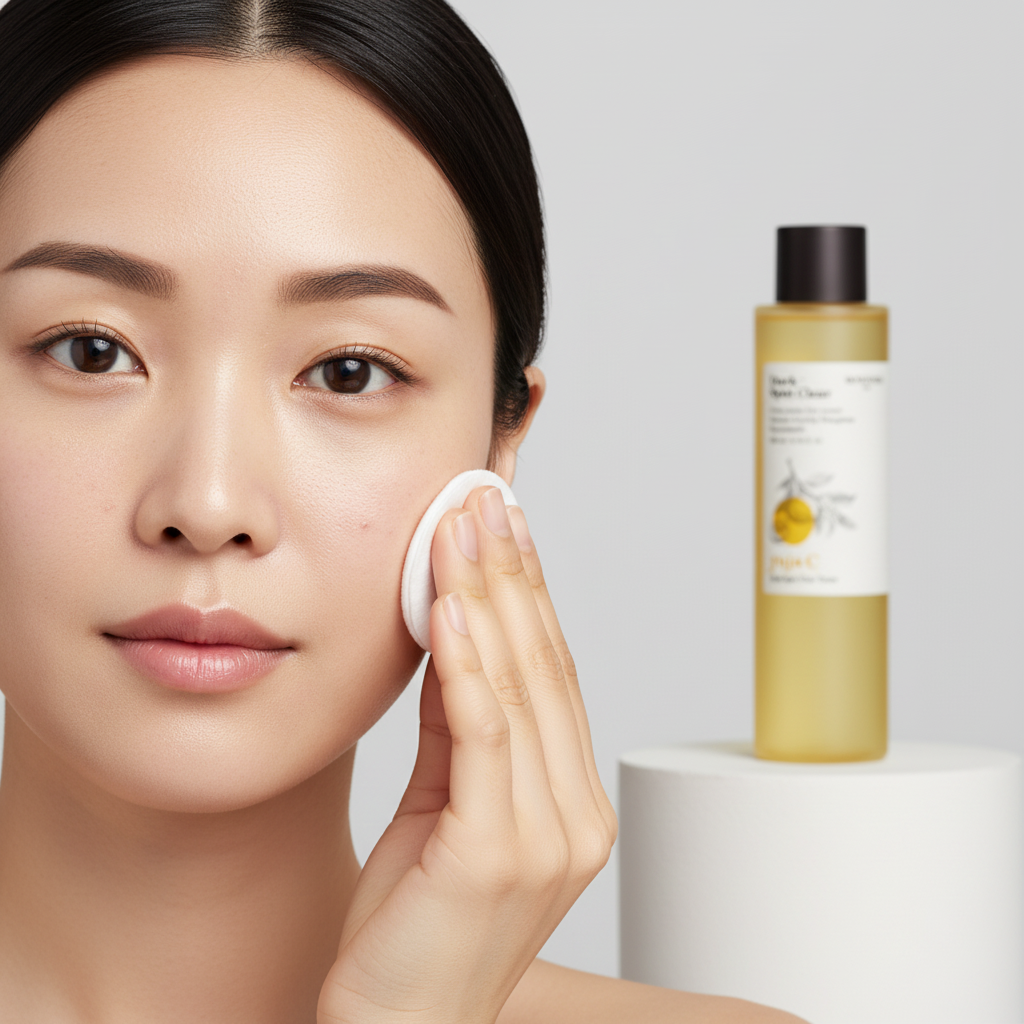 SKINFOOD Yuja C Toner Before – Asian model with dark spots and uneven skin tone before use
