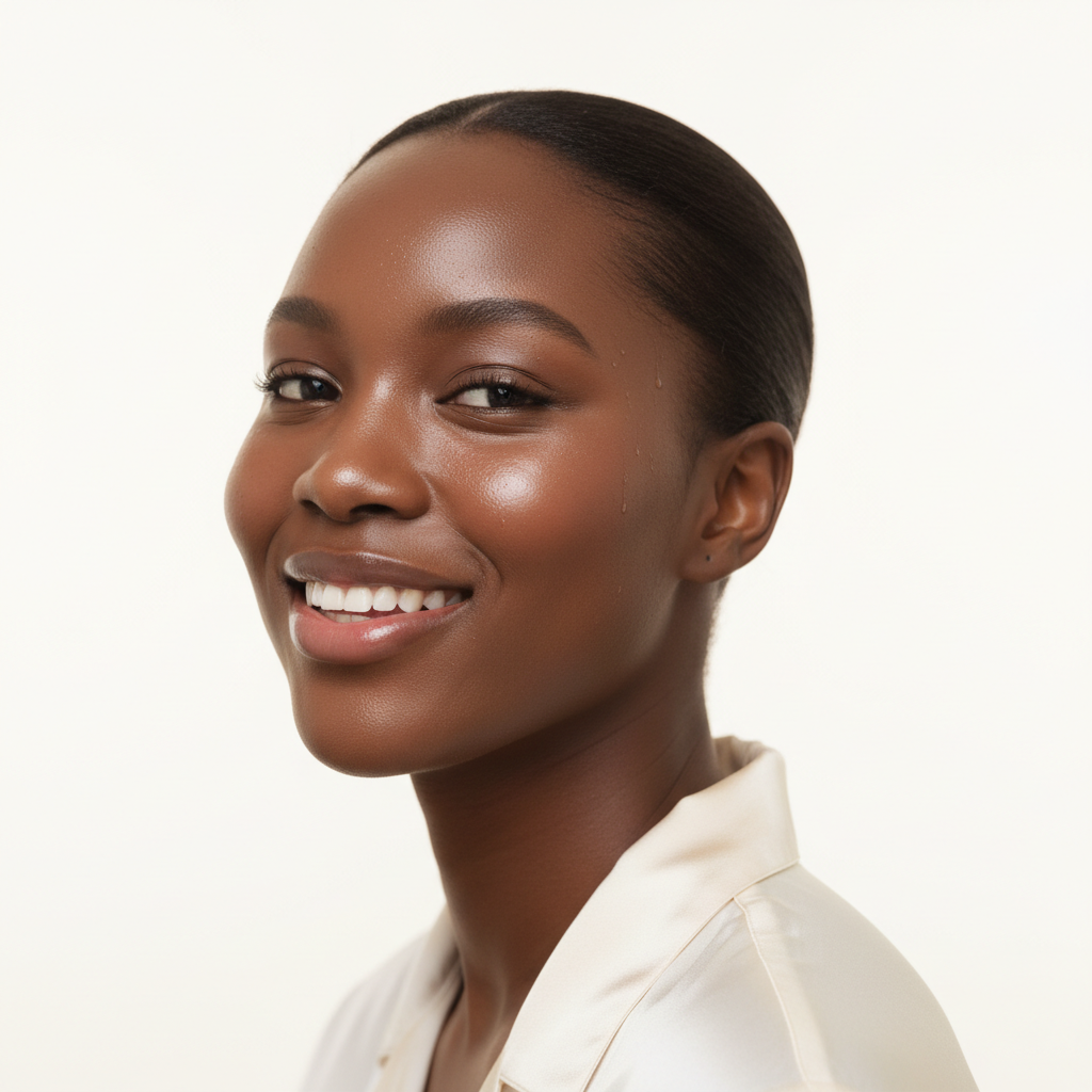 Black woman with glowing plump hydrated skin after BRINGGREEN Bamboo Hyalu Hydrating Toner

