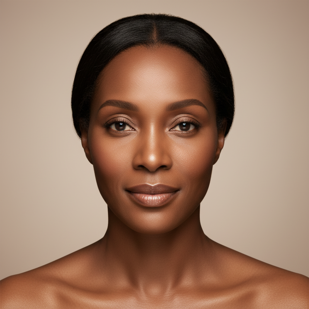 Black woman gently applying SKINFOOD Gold Caviar Lifting Eye Serum with fingertip under eye area, premium K-beauty anti-aging skincare lifestyle editorial
