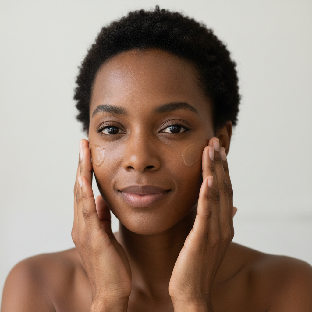 Black woman with natural hair gently pressing Platinum Lux Vitamin C Serum into face with both hands, eyes open, natural skincare application routine, healthy radiant glowing skin, luxury beauty lifestyle
