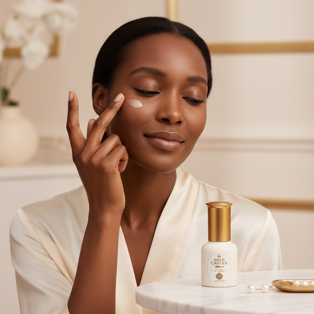 Sophisticated Asian woman holding SKINFOOD Gold Caviar Lifting Eye Serum cream-white bottle with gold cap, clean white marble table, premium K-beauty luxury skincare editorial
