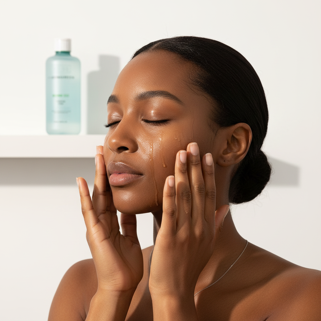 Black woman patting BRINGGREEN Bamboo Hyalu Hydrating Toner onto face, K-beauty skincare routine
