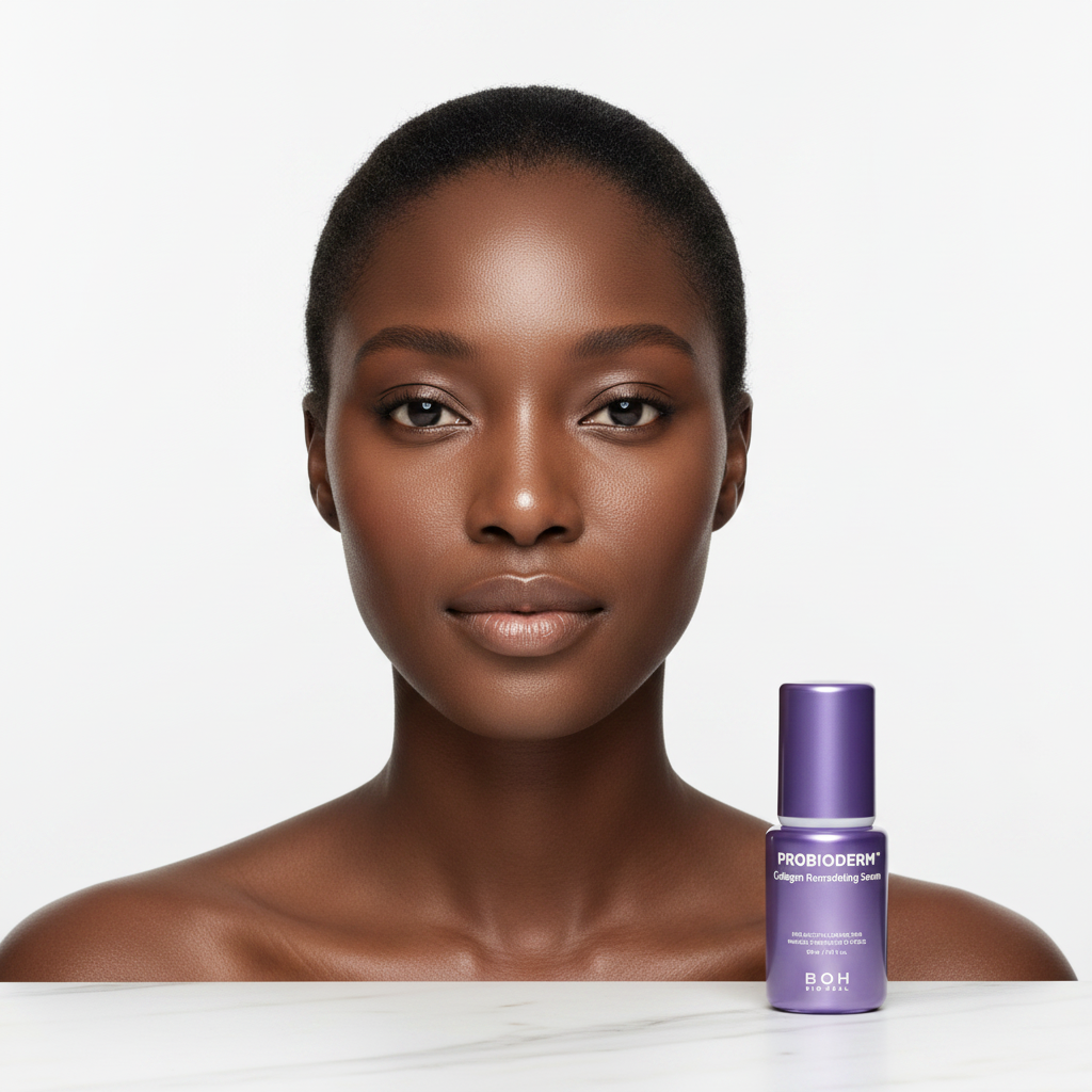 Black woman with visibly firm radiant skin after using BIO HEAL BOH PROBIODERM™ Collagen Remodeling Serum – anti-aging skincare result for all skin tones
