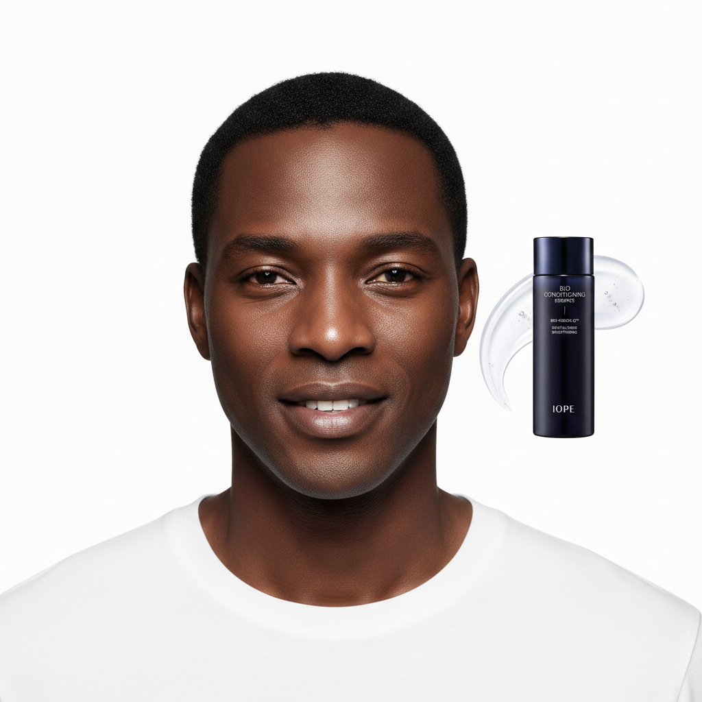Black male model after using IOPE Men Bio Conditioning Essence, refreshed luminous complexion, even and smooth skin tone result
